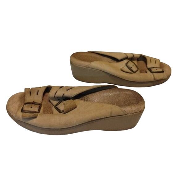 Sas Suede Wedge Heel Slide Sandal Double Strap Buckle Detail Tan Womens Size 6.5 - Picture 5 of 6